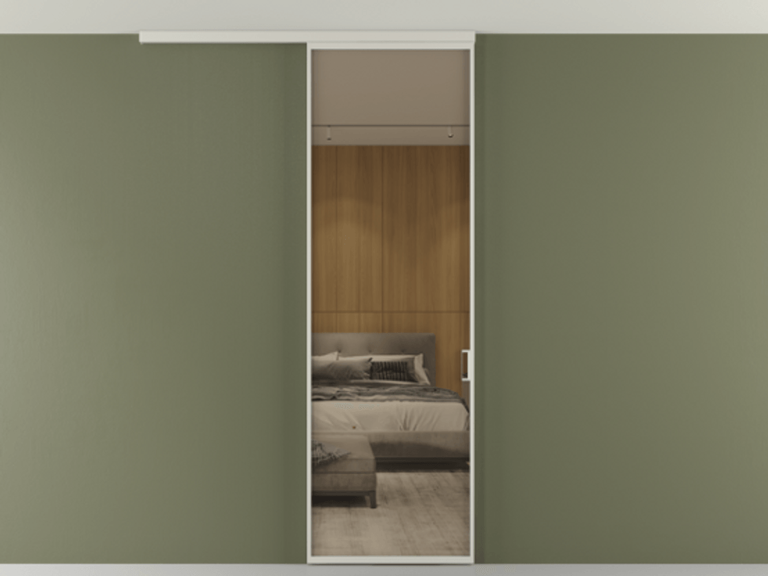 Перегородка Формато вдоль стены на потолок 1 створка АЛПР 040.01 Алюминий тёплый серый Рефлективное бронзовое стекло "Стопсол", калёное Цена 24272710 so'm | Volhovec