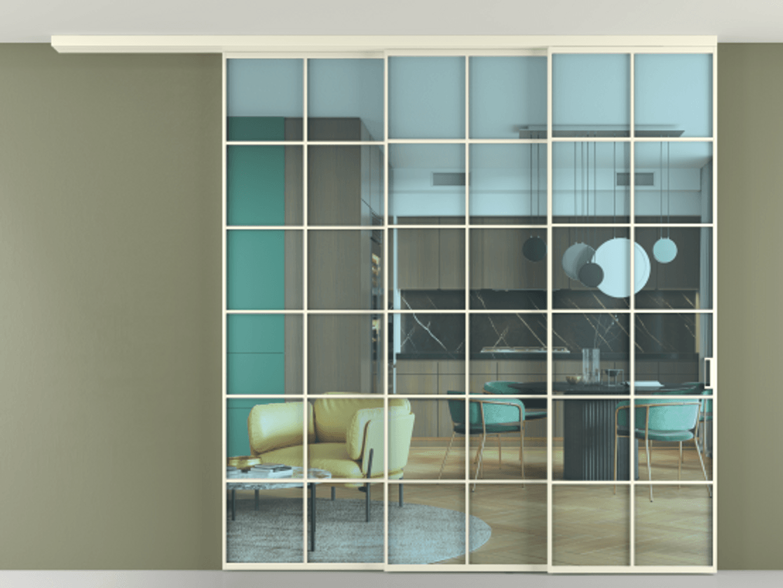 Перегородка Формато вдоль стены на потолок 3 створки с синхронным механизмом АЛПР 040.05 Алюминий молочно-белый Прозрачное голубое стекло, триплекс Цена 81865410 so'm | Volhovec