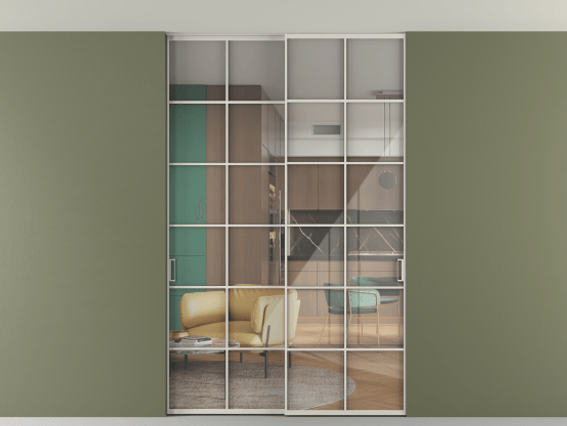 Перегородка Формато внутри проёма скрытое крепление в потолок 2 створки АЛПР 040.05 Алюминий облачно-серый Рефлективное прозрачное стекло "Стопсол", калёное Цена 65504040 so'm | Volhovec