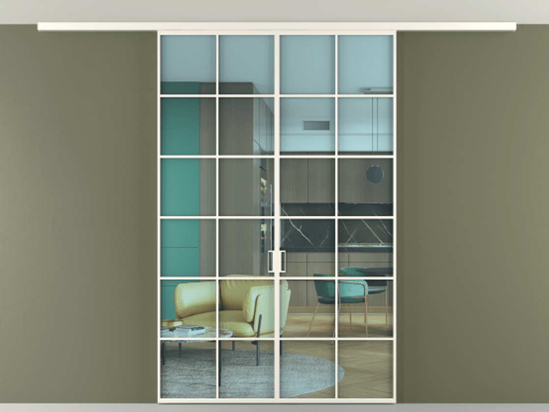 Перегородка Формато вдоль стены на потолок 2 створки АЛПР 040.05 Алюминий пудровый белый Прозрачное голубое стекло, триплекс Цена 40495460 so'm | Volhovec