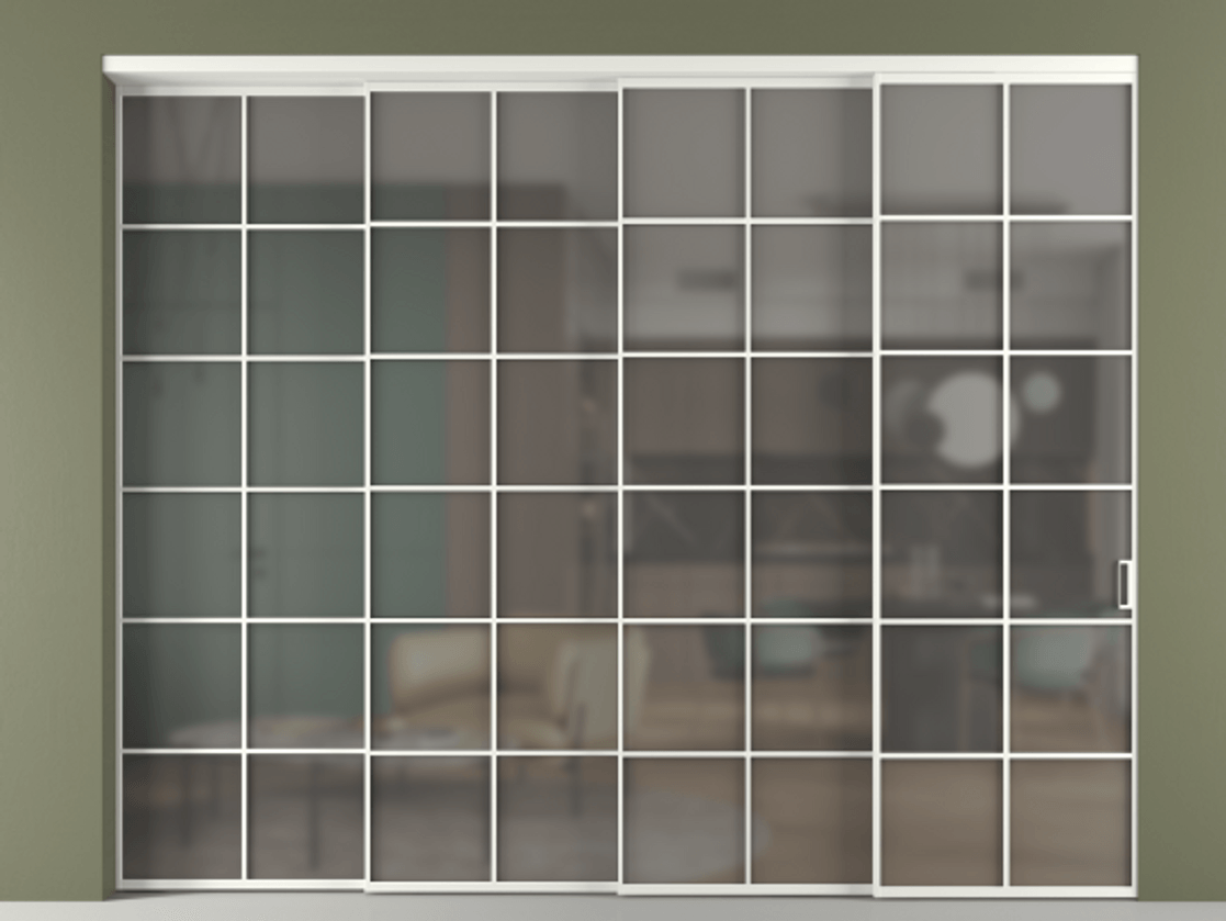 Перегородка Формато внутри проёма 4 створки с синхронным механизмом АЛПР 040.05 Алюминий светло-серый Сатинированное серое стекло, триплекс Цена 99202040 so'm | Volhovec