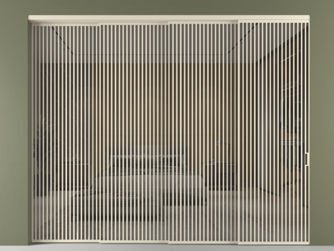 Перегородка Формато внутри проёма 4 створки с синхронным механизмом АЛПР 040.06 Алюминий бежево-серый Рефлективное серое стекло "Стопсол", калёное Цена 802920 ₽ | Volhovec