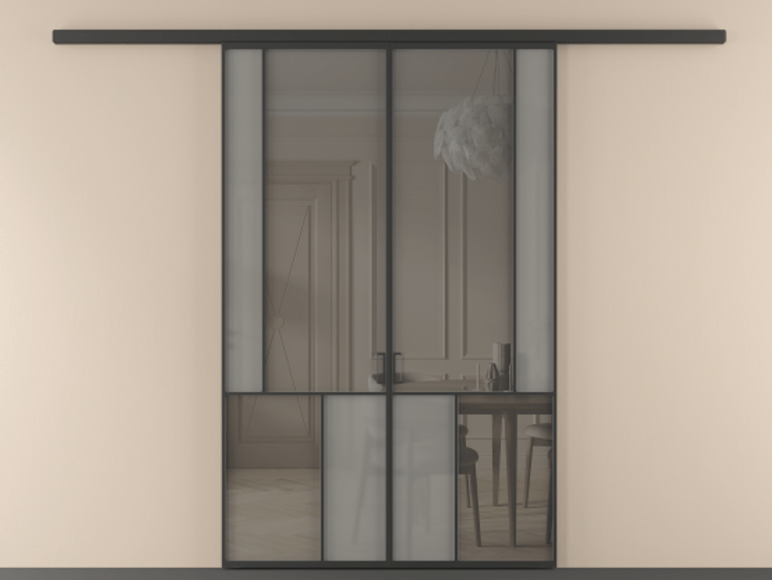 Перегородка Mosaic вдоль стены 2 створки АЛПР 041.21 Алюминий Черный Сатинированное серое стекло, триплекс, 6 мм + Прозрачное серое стекло, триплекс Цена 51578240 so'm | Volhovec