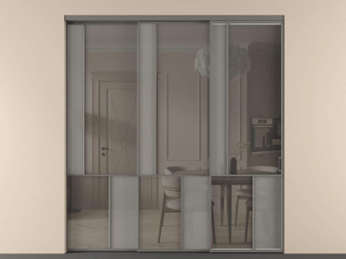 Перегородка Мозаик внутри проёма 3 створки с синхронным механизмом АЛПР 041.20  Алюминий классический серый Сатинированное серое стекло, триплекс, 6 мм + Прозрачное серое стекло, триплекс Цена 88790170 so'm | Volhovec