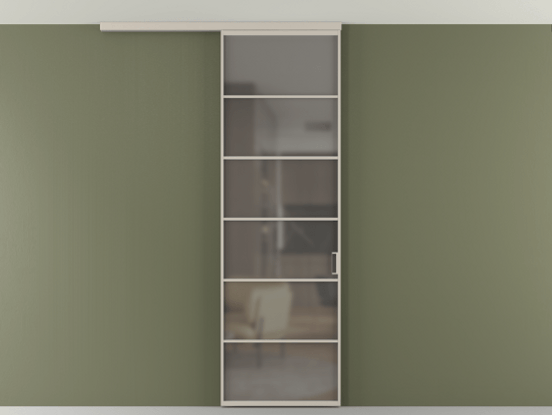 Перегородка Формато вдоль стены на потолок 1 створка АЛПР 040.04 Алюминий светло-бежевый Сатинированное серое стекло, триплекс Цена 21893960 so'm | Volhovec