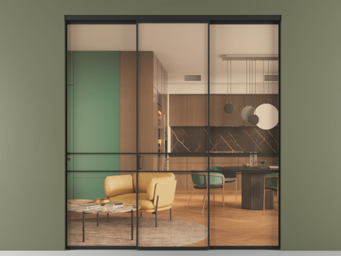 Перегородка Формато внутри проёма 3 створки АЛПР 040.02 Алюминий Черный Прозрачное оранжевое стекло, триплекс Цена 227975 ₽ | Volhovec