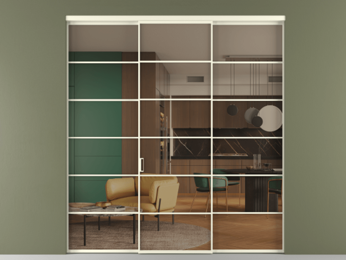 Перегородка Формато внутри проёма 3 створки АЛПР 040.04 Алюминий молочно-белый Прозрачное бронзовое стекло, триплекс Цена 51729480 so'm | Volhovec