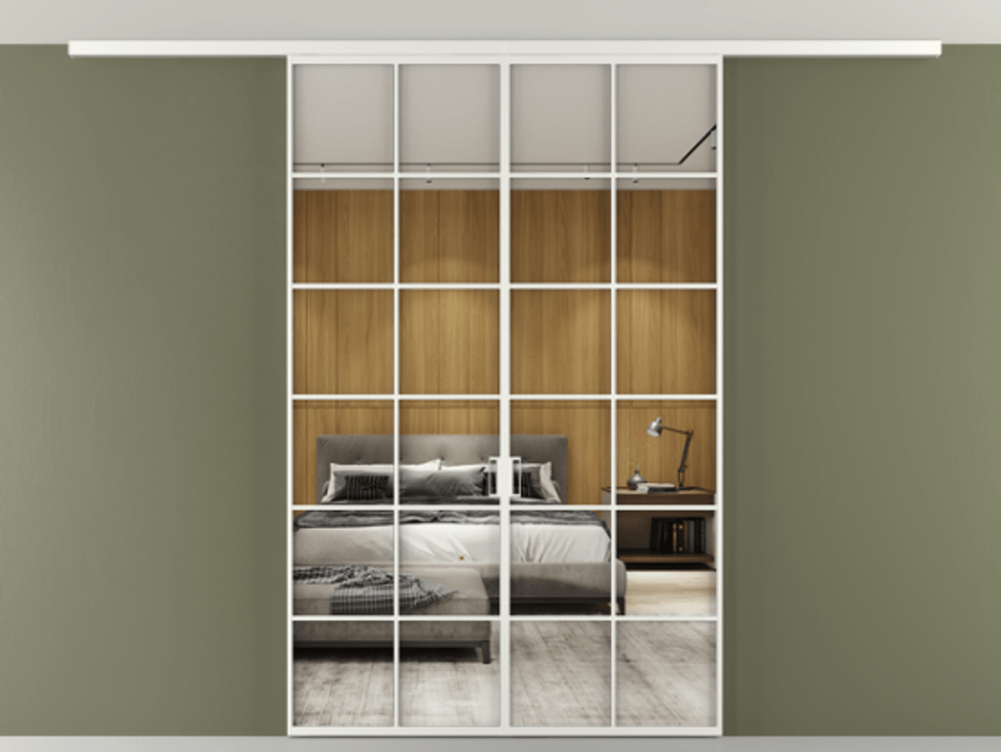 Перегородка Формато вдоль стены на потолок 2 створки АЛПР 040.05 Алюминий светло-серый Двустороннее зеркало, триплекс , триплекс 6 мм Цена 49751240 so'm | Volhovec