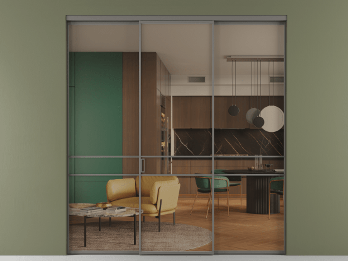 Перегородка Formato внутри проёма 3 створки АЛПР 040.02 Алюминий классический серый Прозрачное бронзовое стекло, триплекс Цена 48166830 so'm | Volhovec