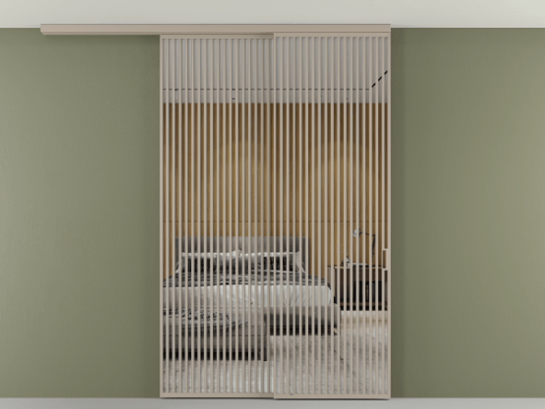 Перегородка Формато вдоль стены на потолок 2 створки с синхронным механизмом АЛПР 040.06 Алюминий бисквитный Двустороннее зеркало, триплекс , триплекс 6 мм Цена 91442570 so'm | Volhovec