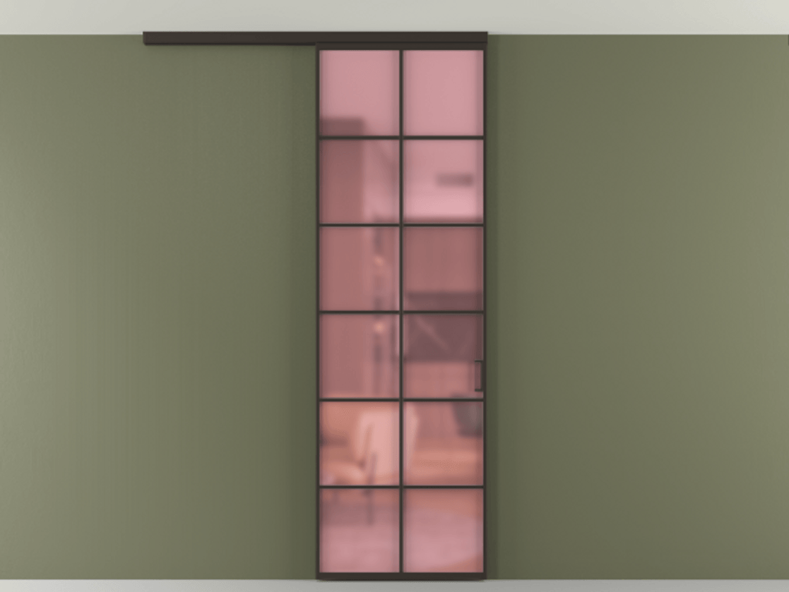 Перегородка Формато вдоль стены на потолок 1 створка АЛПР 040.05 Алюминий антрацит Сатинированное розовое стекло, триплекс Цена 103293 ₽ | Volhovec