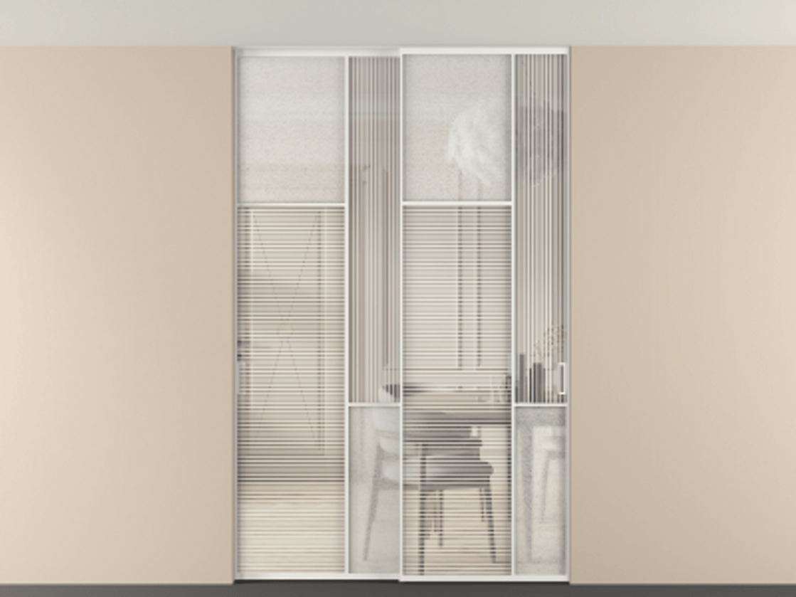 Перегородка Мозаик внутри проёма скрытое крепление в потолок 2 створки АЛПР 041.10 Алюминий светло-серый Рифлёное стекло "Дюна", триплекс, 6 мм + Фактурное стекло "Лёд", триплекс Цена 69137740 so'm | Volhovec
