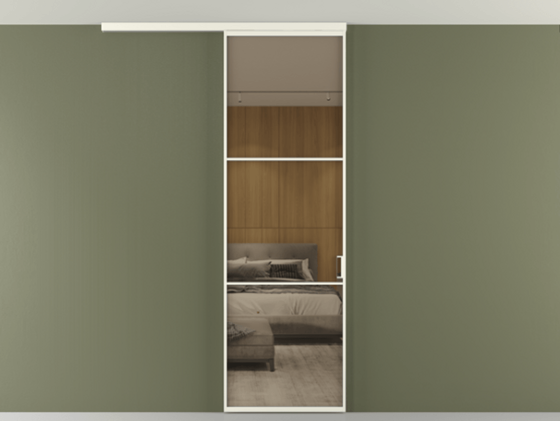 Перегородка Формато вдоль стены на потолок 1 створка АЛПР 040.03 Алюминий жемчужный Рефлективное бронзовое стекло "Стопсол", калёное Цена 21799760 so'm | Volhovec