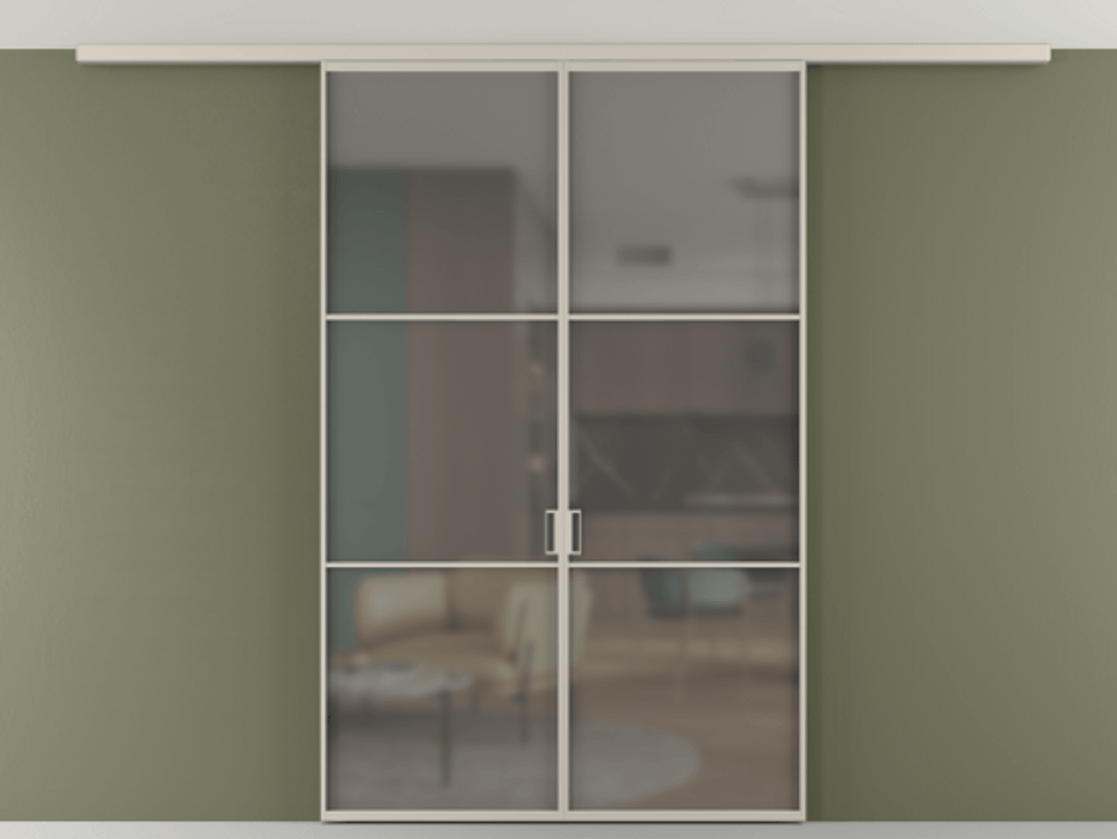 Перегородка Формато вдоль стены на потолок 2 створки АЛПР 040.03 Алюминий светло-бежевый Сатинированное серое стекло, триплекс Цена 46267760 so'm | Volhovec