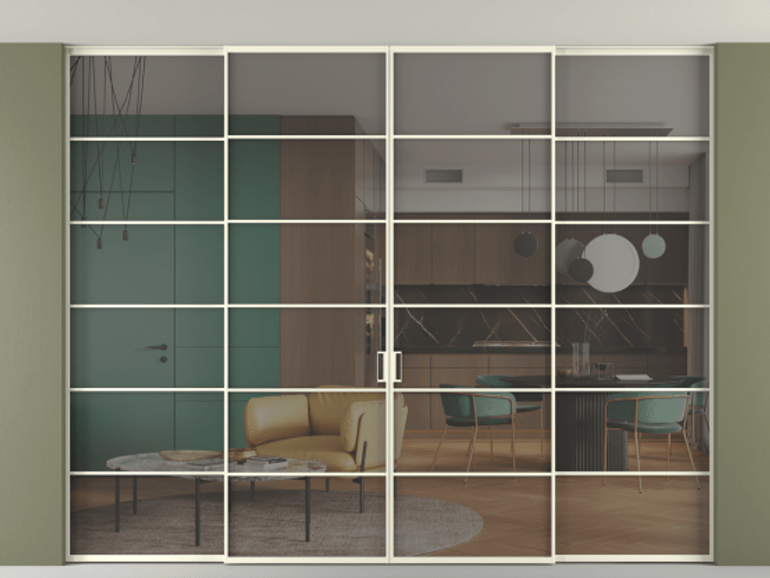 Перегородка Формато внутри проёма скрытое крепление в потолок 4 створки АЛПР 040.04 Алюминий молочно-белый Прозрачное серое стекло, триплекс Цена 102388330 so'm | Volhovec