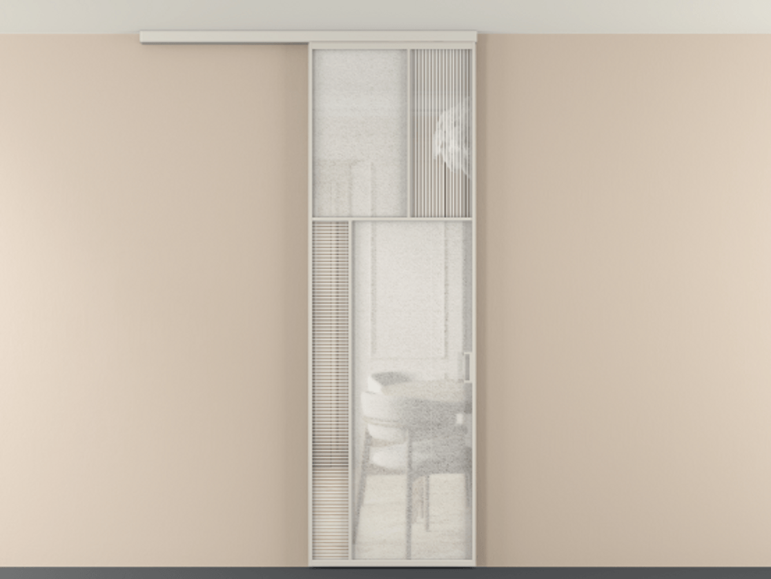 Перегородка Мозаик вдоль стены на потолок 1 створка АЛПР 041.22 Алюминий облачно-серый Рифлёное стекло "Дюна", триплекс, 6 мм + Фактурное стекло "Лёд", триплекс Цена 29037120 so'm | Volhovec