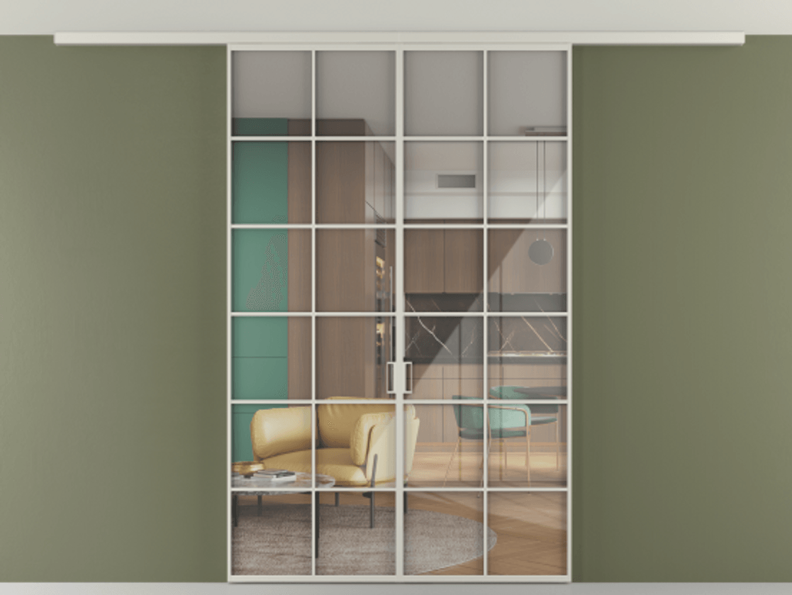 Перегородка Формато вдоль стены на потолок 2 створки АЛПР 040.05 Алюминий тёплый серый Рефлективное прозрачное стекло "Стопсол", калёное Цена 52999240 so'm | Volhovec