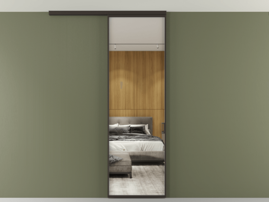 Перегородка Formato вдоль стены на потолок 1 створка АЛПР 040.01 Алюминий антрацит Двустороннее зеркало, триплекс , триплекс 6 мм Цена 19535910 so'm | Volhovec