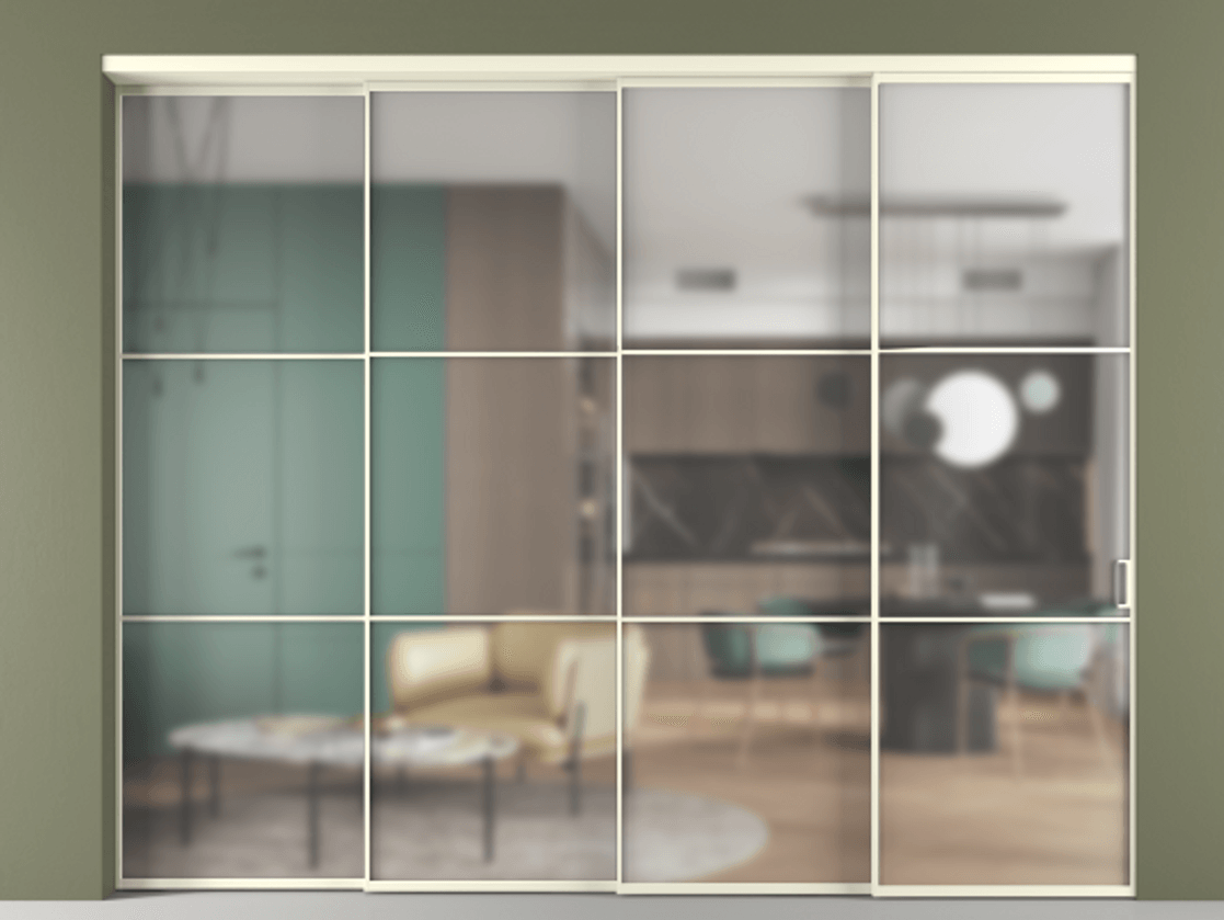 Перегородка Формато внутри проёма 4 створки с синхронным механизмом АЛПР 040.03 Алюминий молочно-белый Сатинированное стекло "Мателюкс Кристал Вижн", калёное, матовое, каленое 6 мм Цена 112827400 so'm | Volhovec