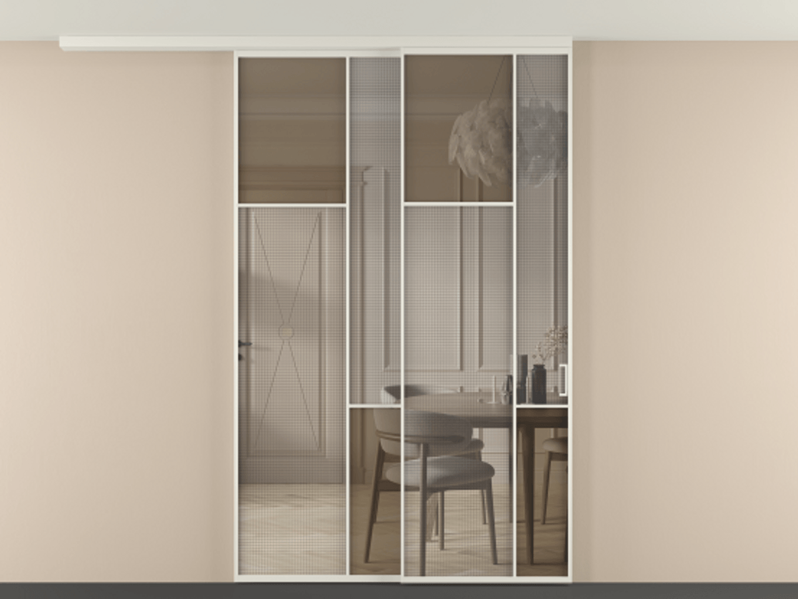 Перегородка Mosaic вдоль стены телескопик синхро-2 АЛПР 041.10 Алюминий Белый Mesh silver + Бронза прозрачное триплекс Цена 60932480 so'm | Volhovec
