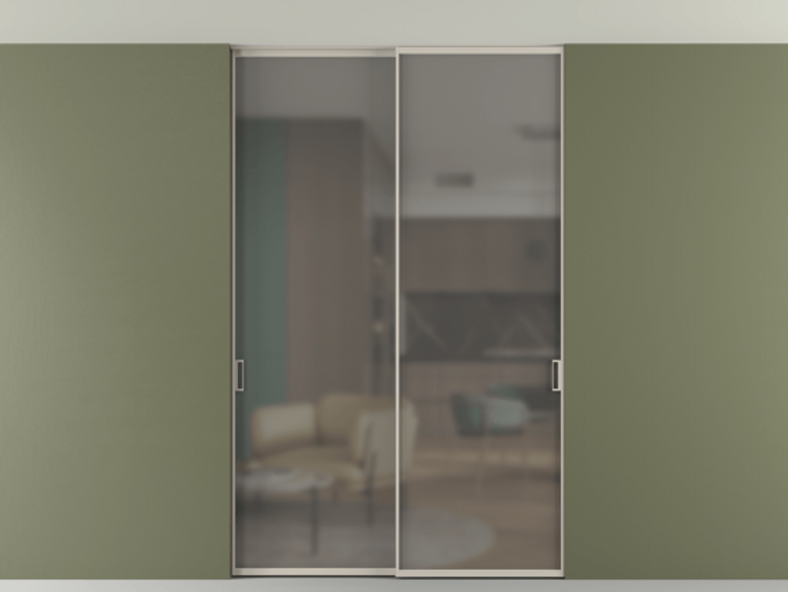 Перегородка Формато внутри проёма скрытое крепление в потолок 2 створки АЛПР 040.01 Алюминий светло-бежевый Сатинированное серое стекло, триплекс Цена 50135320 so'm | Volhovec