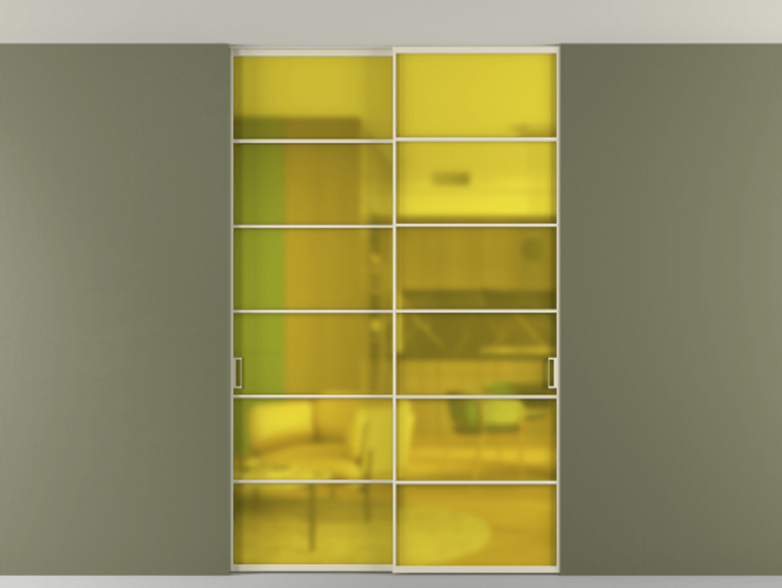 Перегородка Формато внутри проёма скрытое крепление в потолок 2 створки АЛПР 040.04 Алюминий бежево-серый Сатинированное жёлтое стекло, триплекс Цена 53000260 so'm | Volhovec