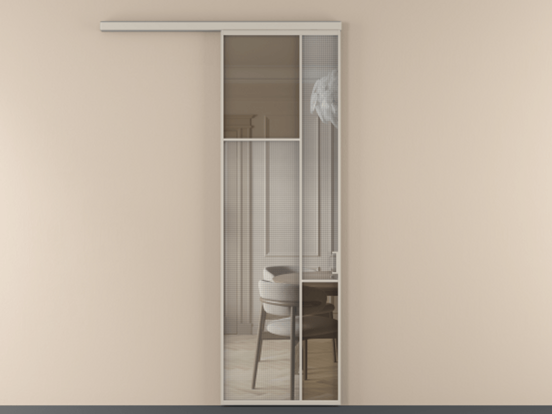 Перегородка Mosaic вдоль стены 1 створка АЛПР 041.10 Алюминий светло-бежевый Декоративное стекло с сеткой "Mesh silver", триплекс, 6 мм + Прозрачное бронзовое стекло, триплекс Цена 29035090 so'm | Volhovec