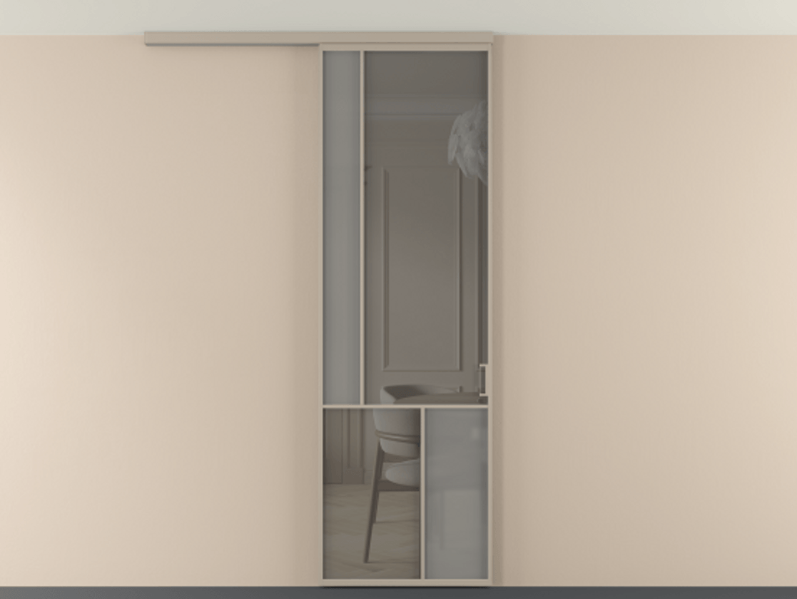 Перегородка Мозаик вдоль стены на потолок 1 створка АЛПР 041.20 Алюминий бисквитный Сатинированное серое стекло, триплекс, 6 мм + Прозрачное серое стекло, триплекс Цена 27413120 so'm | Volhovec