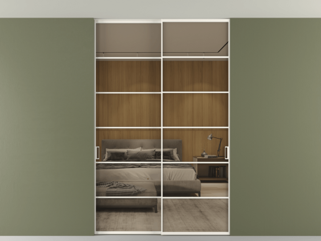 Перегородка Формато внутри проёма скрытое крепление в потолок 2 створки АЛПР 040.04 Алюминий пудровый белый Рефлективное бронзовое стекло "Стопсол", калёное Цена 65504040 so'm | Volhovec