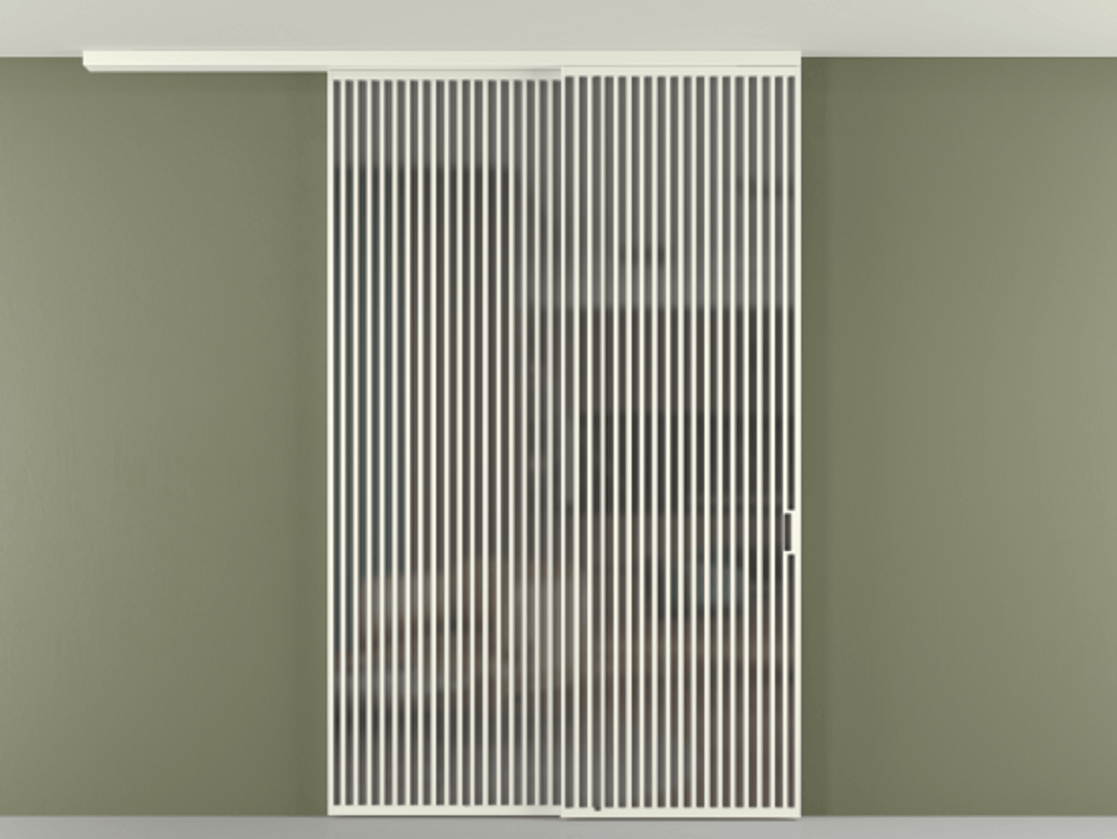 Перегородка Формато вдоль стены на потолок 2 створки с синхронным механизмом АЛПР 040.06 Алюминий жемчужный Сатинированное серое стекло, триплекс Цена 106903860 so'm | Volhovec