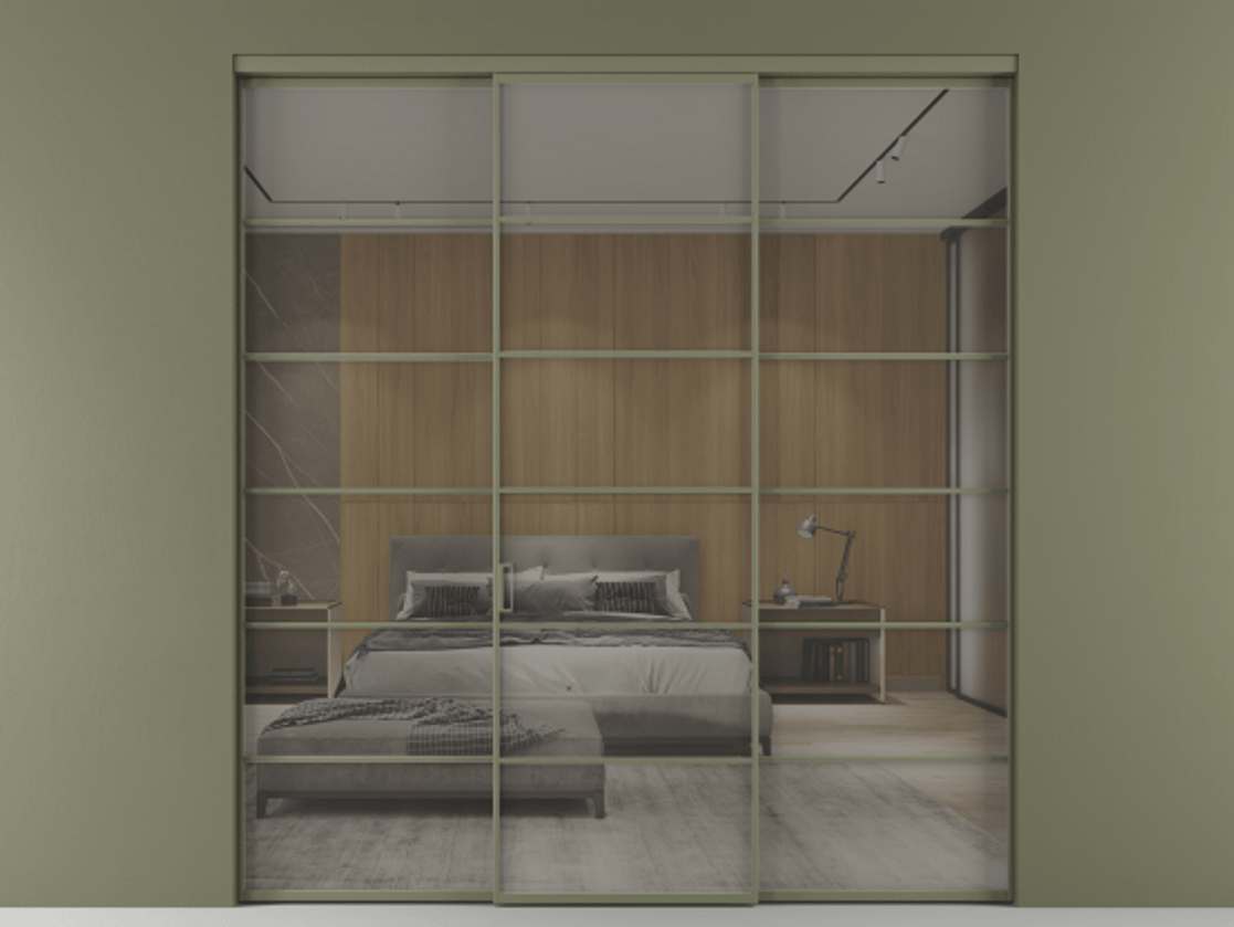 Перегородка Формато внутри проёма 3 створки АЛПР 040.04 Алюминий оливковый тёмный Рефлективное серое стекло "Стопсол", калёное Цена 69223000 so'm | Volhovec