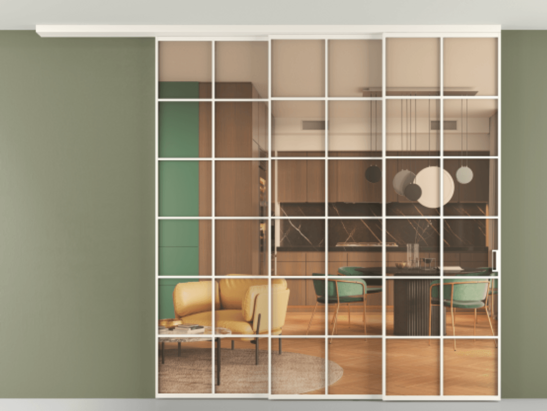 Перегородка Formato вдоль стены на потолок 3 створки с синхронным механизмом АЛПР 040.05 Алюминий пудровый белый Прозрачное оранжевое стекло, триплекс Цена 95749010 so'm | Volhovec