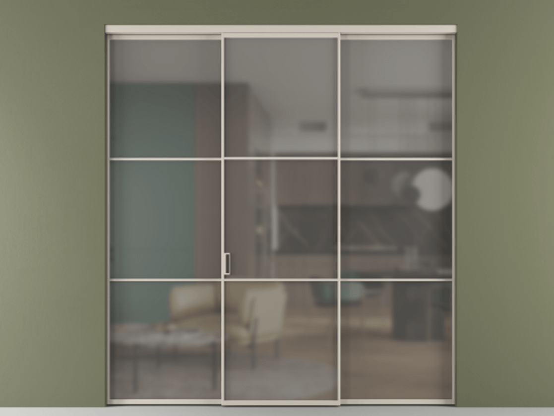 Перегородка Формато внутри проёма 3 створки АЛПР 040.03 Алюминий светло-бежевый Сатинированное серое стекло, триплекс Цена 48166830 so'm | Volhovec