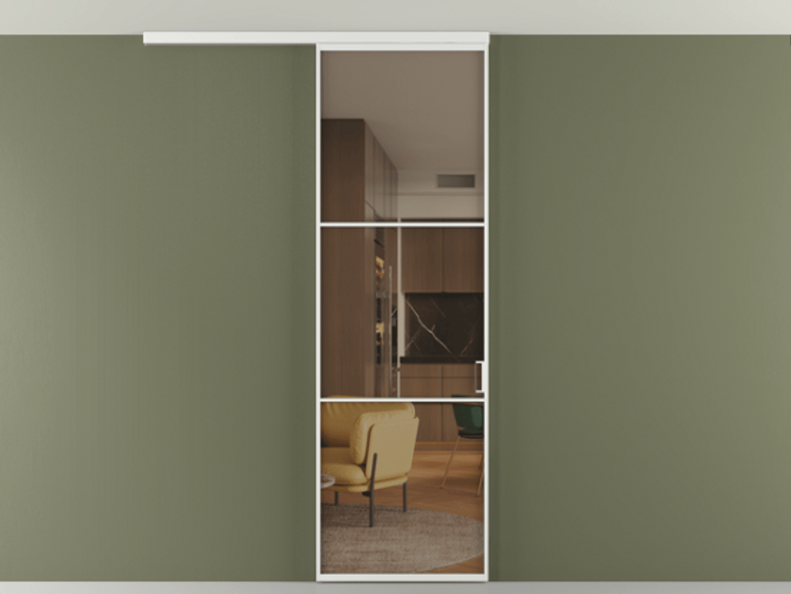 Перегородка Формато вдоль стены на потолок 1 створка АЛПР 040.03 Алюминий белоснежный Прозрачное бронзовое стекло, триплекс Цена 19662170 so'm | Volhovec