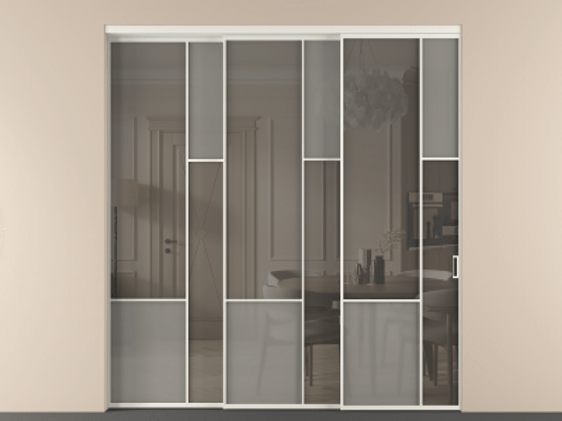 Перегородка Мозаик внутри проёма 3 створки с синхронным механизмом АЛПР 041.12 Алюминий жемчужный Сатинированное серое стекло, триплекс, 6 мм + Прозрачное серое стекло, триплекс Цена 88790170 so'm | Volhovec