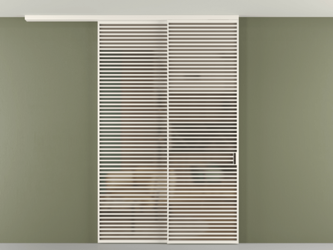 Перегородка Формато вдоль стены на потолок 2 створки с синхронным механизмом АЛПР 040.07 Алюминий пудровый белый Сатинированное бронзовое стекло, триплекс Цена 106903860 so'm | Volhovec