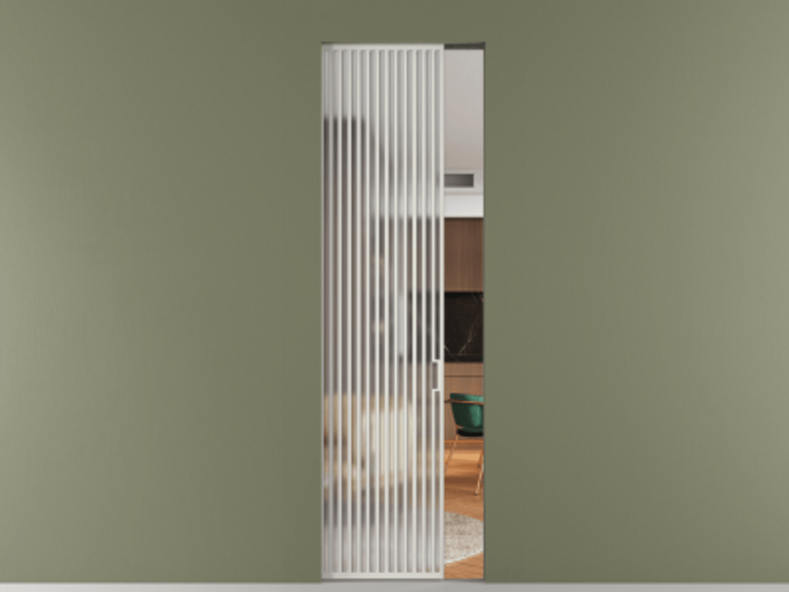 Перегородка Формато скрытый пенал 1 створка АЛПР 040.06 Алюминий Белый Сатинированное стекло "Мателюкс Кристал Вижн", калёное, матовое, каленое 6 мм Цена 47408620 so'm | Volhovec