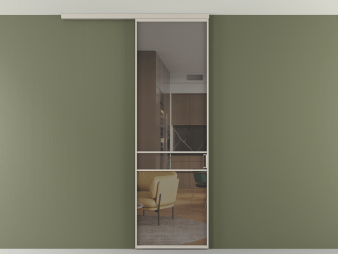 Перегородка Формато вдоль стены на потолок 1 створка АЛПР 040.02 Алюминий светло-бежевый Прозрачное серое стекло, триплекс Цена 19662170 so'm | Volhovec