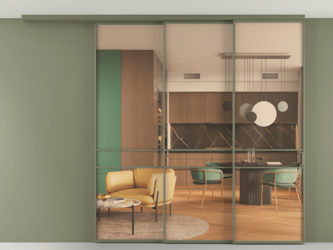 Перегородка Formato вдоль стены на потолок 3 створки с синхронным механизмом АЛПР 040.02 Алюминий оливковый тёмный Прозрачное оранжевое стекло, триплекс Цена 80461950 so'm | Volhovec