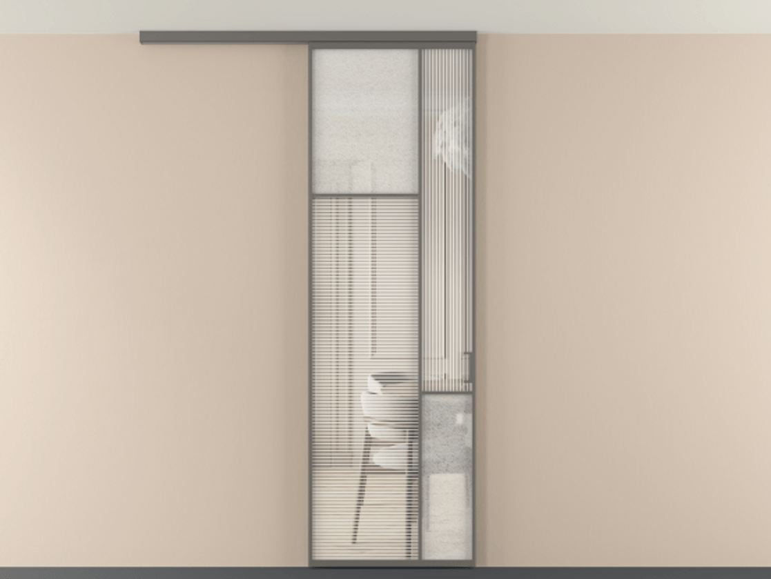 Перегородка Мозаик вдоль стены на потолок 1 створка АЛПР 041.10 Алюминий классический серый Рифлёное стекло "Дюна", триплекс, 6 мм + Фактурное стекло "Лёд", триплекс Цена 143040 ₽ | Volhovec