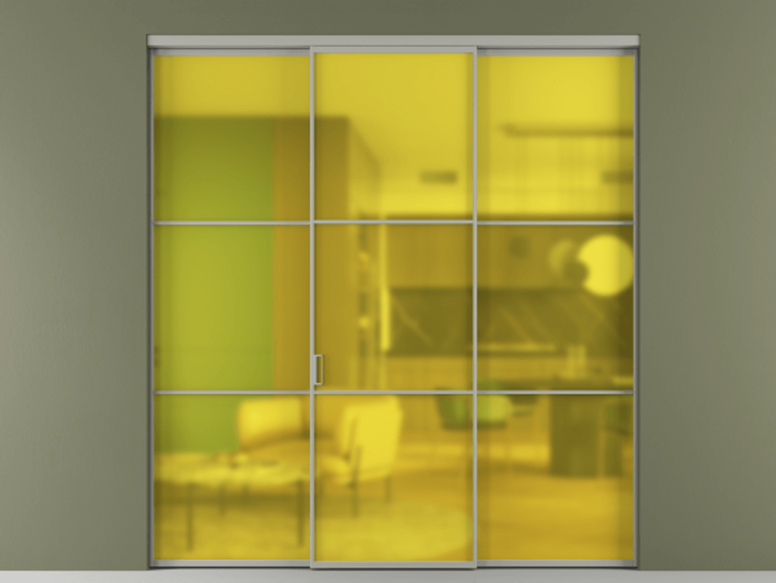 Перегородка Формато внутри проёма 3 створки АЛПР 040.03 Алюминий нейтральный серый Сатинированное жёлтое стекло, триплекс Цена 48166830 so'm | Volhovec