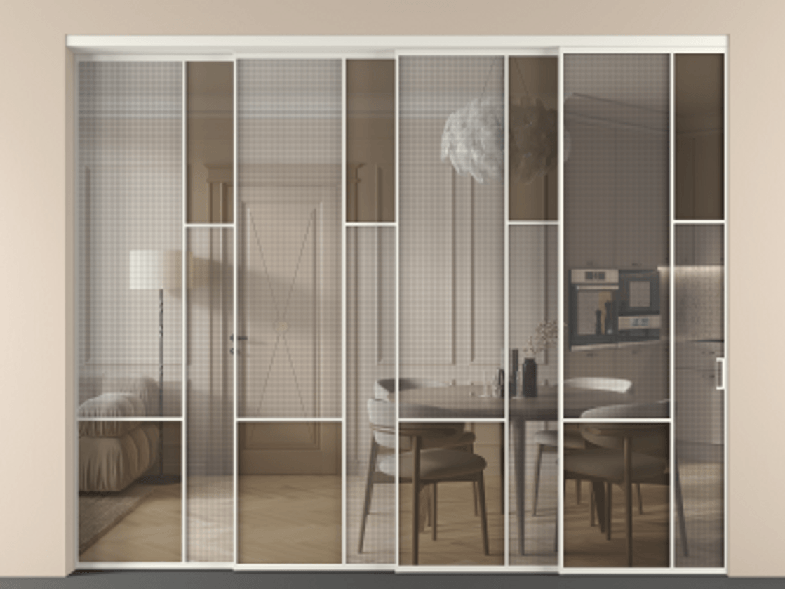 Перегородка Mosaic внутри проема телескопик синхро-4 АЛПР 041.12 Алюминий Белый Mesh silver + Бронза прозрачное триплекс Цена 110131560 so'm | Volhovec