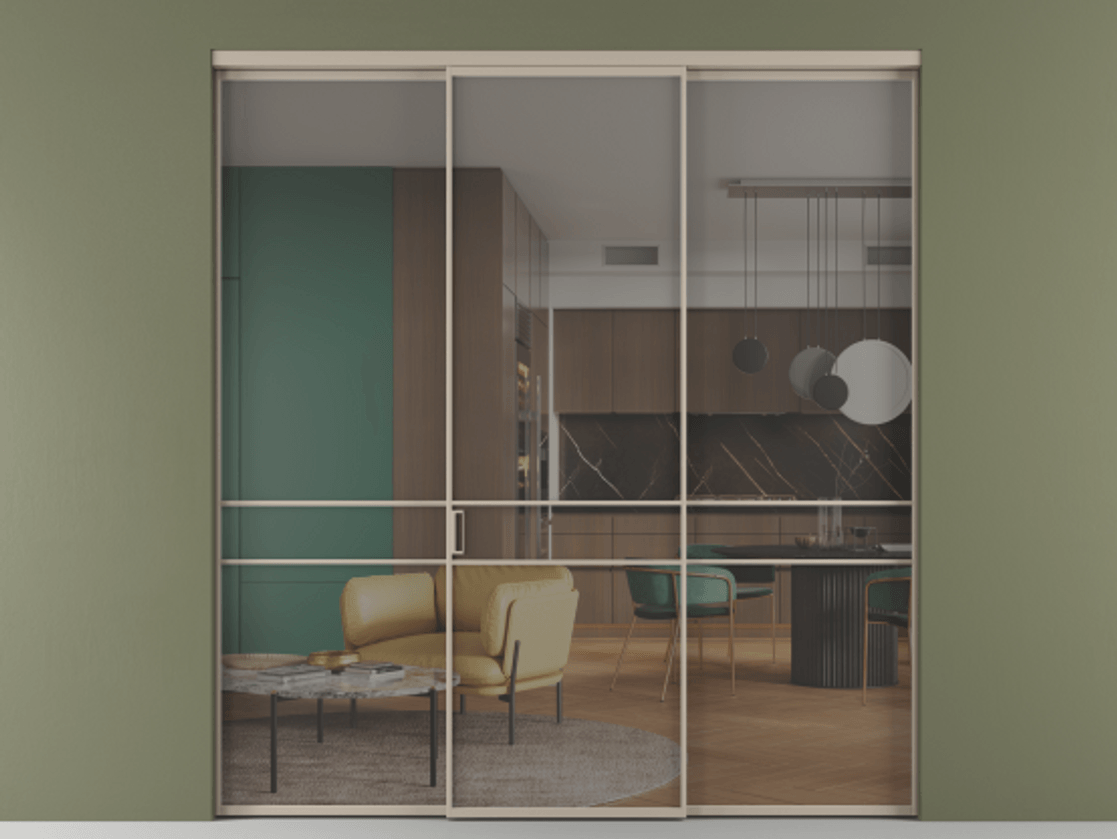 Перегородка Formato внутри проёма 3 створки АЛПР 040.02 Алюминий бисквитный Рефлективное серое стекло "Стопсол", калёное Цена 317600 ₽ | Volhovec