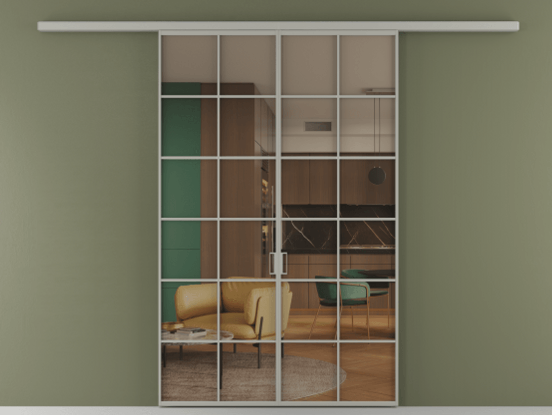 Перегородка Formato вдоль стены 2 створки АЛПР 040.05 Алюминий нейтральный серый Прозрачное бронзовое стекло, триплекс Цена 50465800 so'm | Volhovec