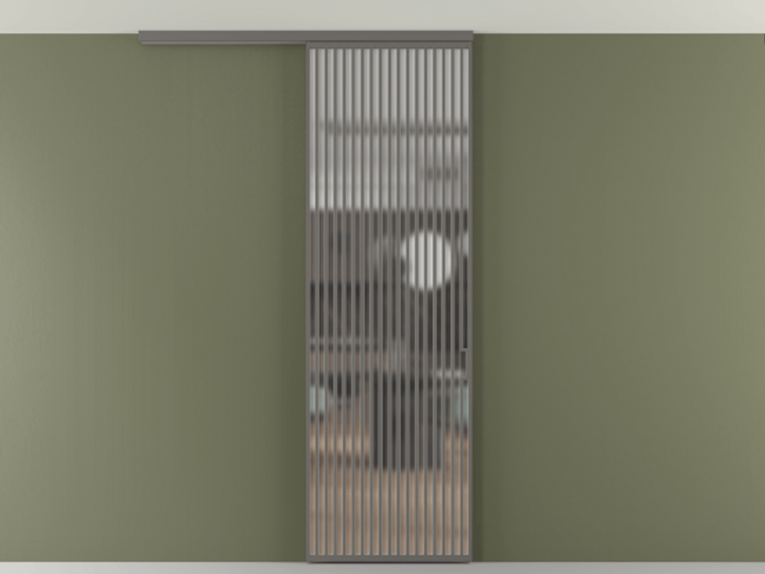 Перегородка Формато вдоль стены на потолок 1 створка АЛПР 040.06 Алюминий классический серый Сатинированное стекло "Мателюкс Кристал Вижн", калёное, матовое, каленое 6 мм Цена 39306480 so'm | Volhovec