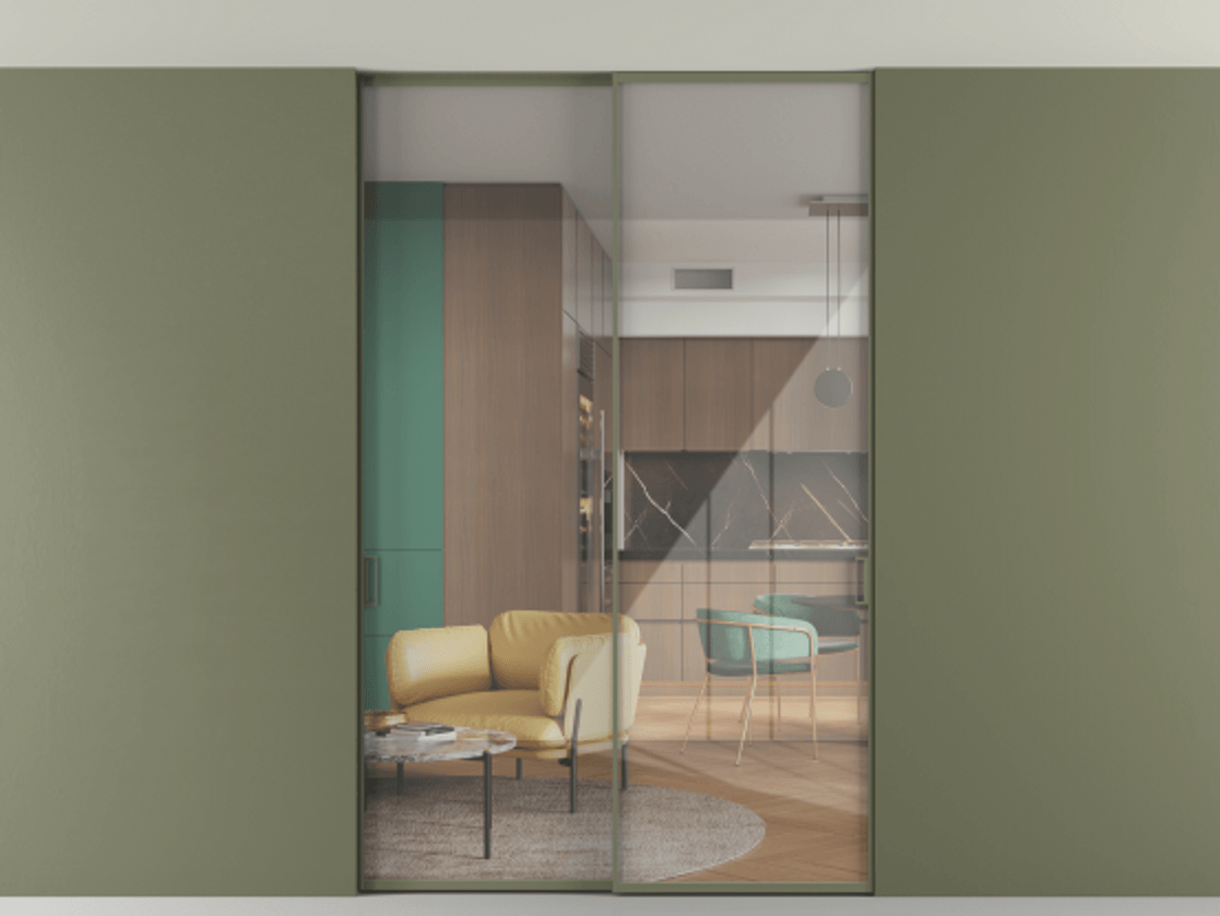 Перегородка Formato внутри проёма скрытое крепление в потолок 2 створки АЛПР 040.01 Алюминий оливковый тёмный Рефлективное прозрачное стекло "Stopsol", калёное. Цена 293640 ₽ 1. Полотно 2 шт. (800/2100 мм)
2. Комплект установки раздвижной системы
3. Базовый комплект фурнитуры
4. Ручка RONDO. Фабрика дверей Волховец 8 (800) 551 43 19 Перегородка Formato внутри проёма скрытое крепление в потолок 2 створки АЛПР 040.01 Алюминий оливковый тёмный Рефлективное прозрачное стекло "Stopsol", калёное Цена 293640 ₽ | Volhovec