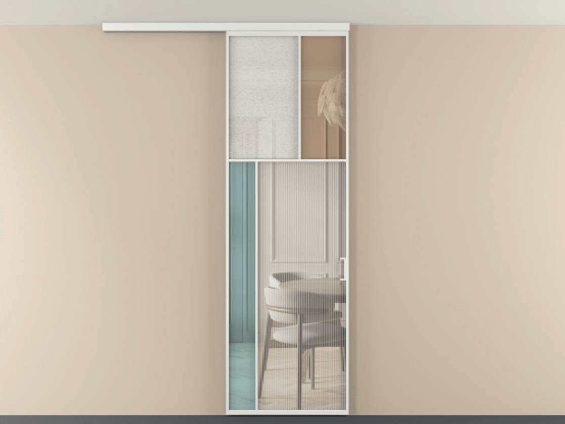 Перегородка Мозаик вдоль стены на потолок 1 створка АЛПР 041.22 Алюминий белоснежный Комбинация стекол Группы 1 и Группы 3 Цена 28631120 so'm | Volhovec