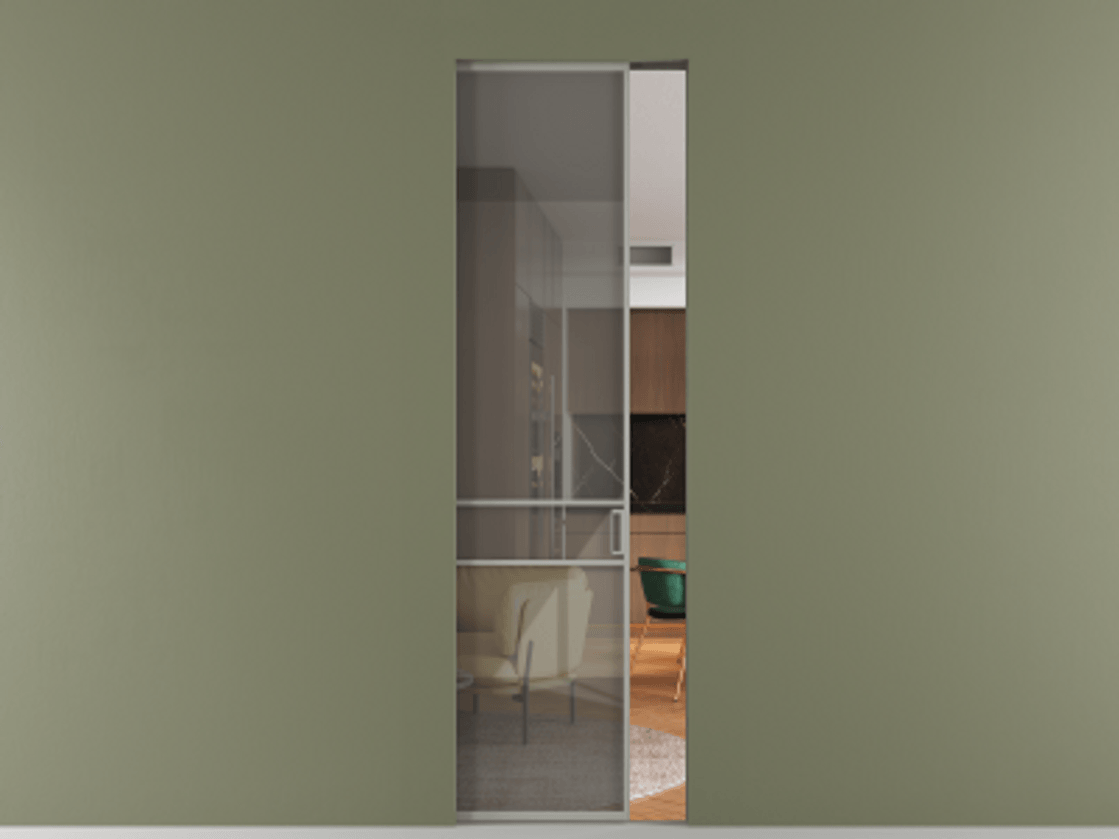 Перегородка Formato скрытый пенал 1 створка АЛПР 040.02 Алюминий нейтральный серый Рефлективное серое стекло "Stopsol", калёное Цена 36215200 so'm | Volhovec