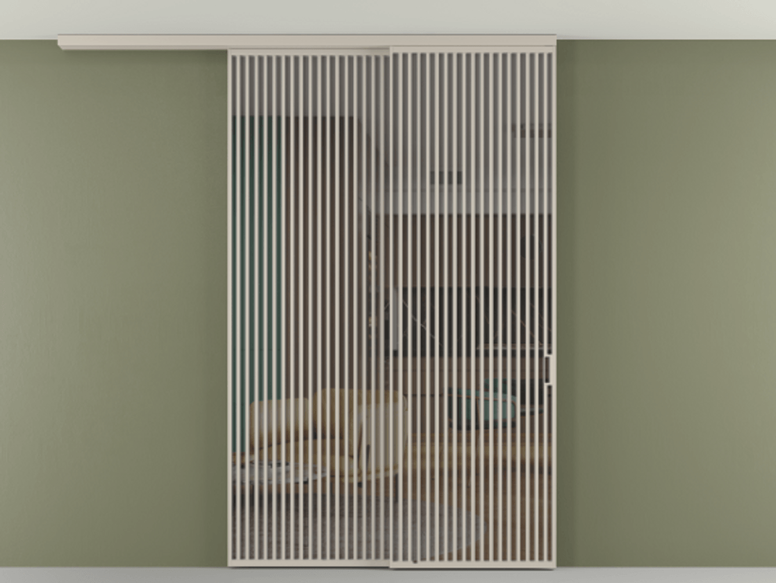 Перегородка Формато вдоль стены на потолок 2 створки с синхронным механизмом АЛПР 040.06 Алюминий светло-бежевый Прозрачное серое стекло, триплекс Цена 91442570 so'm | Volhovec