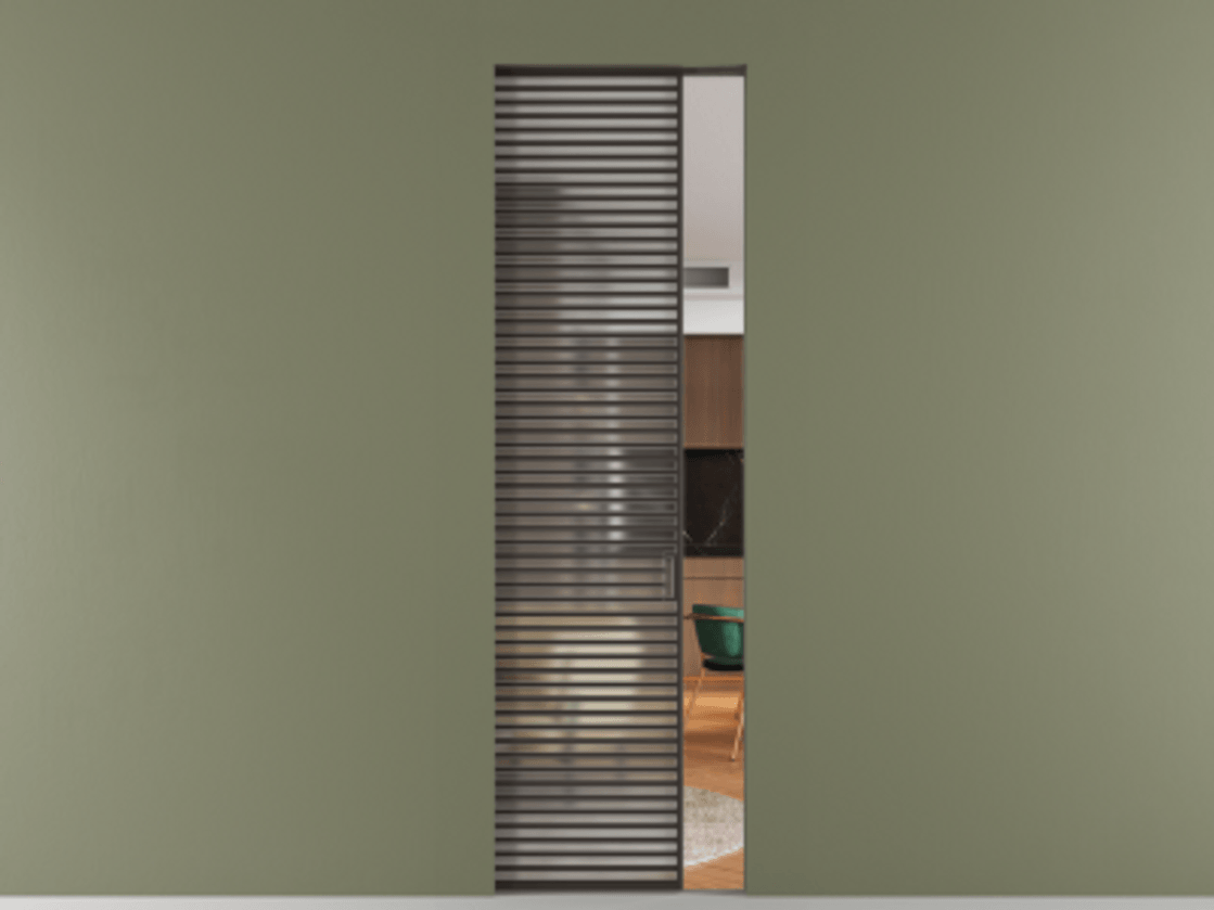 Перегородка Формато скрытый пенал 1 створка АЛПР 040.07 Алюминий антрацит Сатинированное стекло "Мателюкс Кристал Вижн", калёное, матовое, каленое 6 мм Цена 48756540 so'm | Volhovec